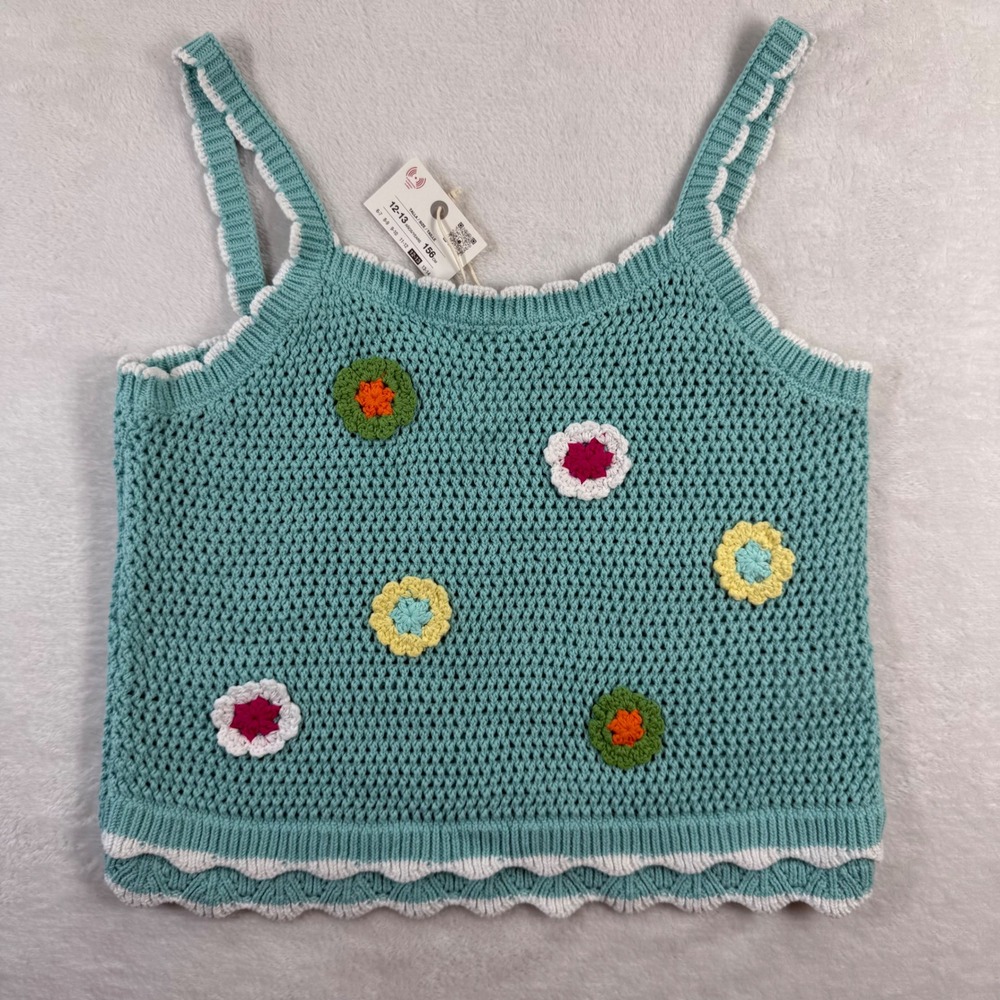 Zara Girls Teal Crochet Floral Applique Tank Top 100% Cotton Size 12-13 NEW